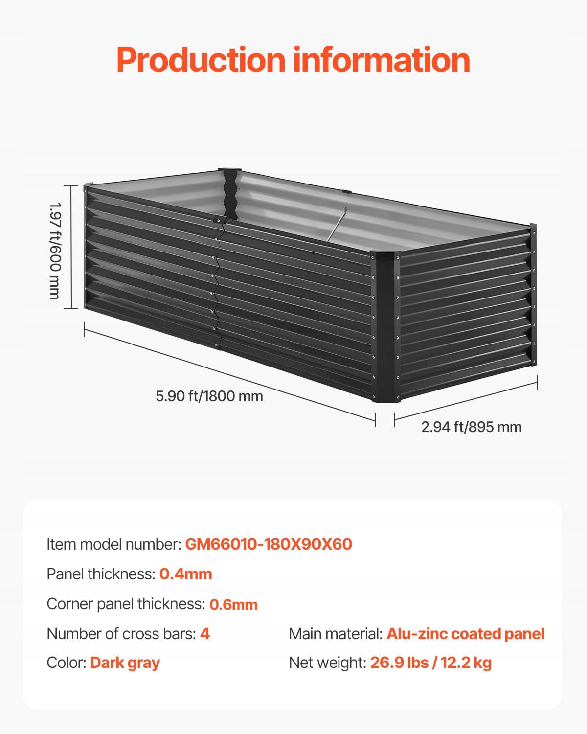 METALOWA PODNIESIONA GRZĄDKA VEVOR 180X90X60 CM OCYNKOWANA SOLIDNA DONICA