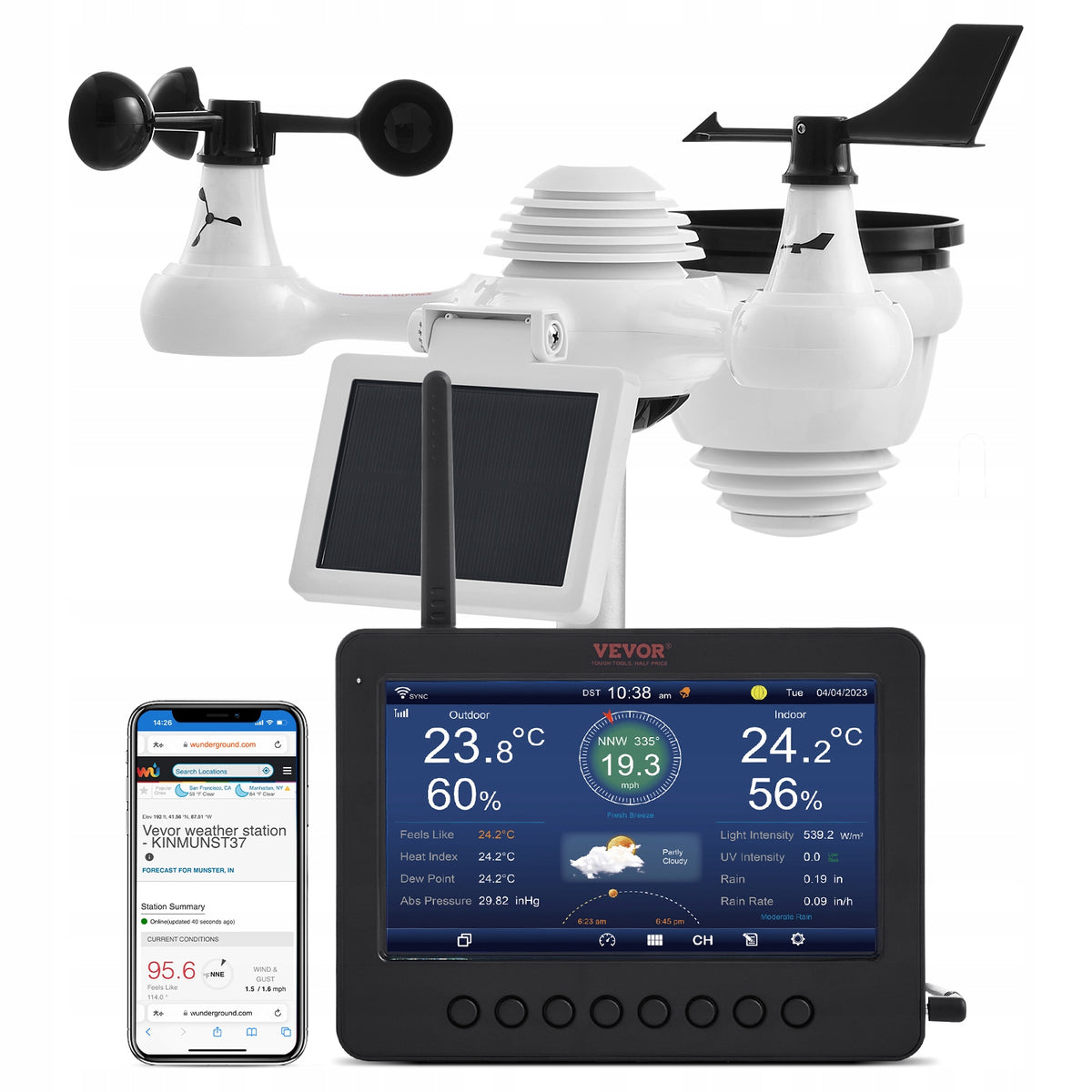 VEVOR STACJA POGODOWA 7 W 1 WLAN TFT 7.3 CALA SOLARNA MOCNA TRANSMISJA