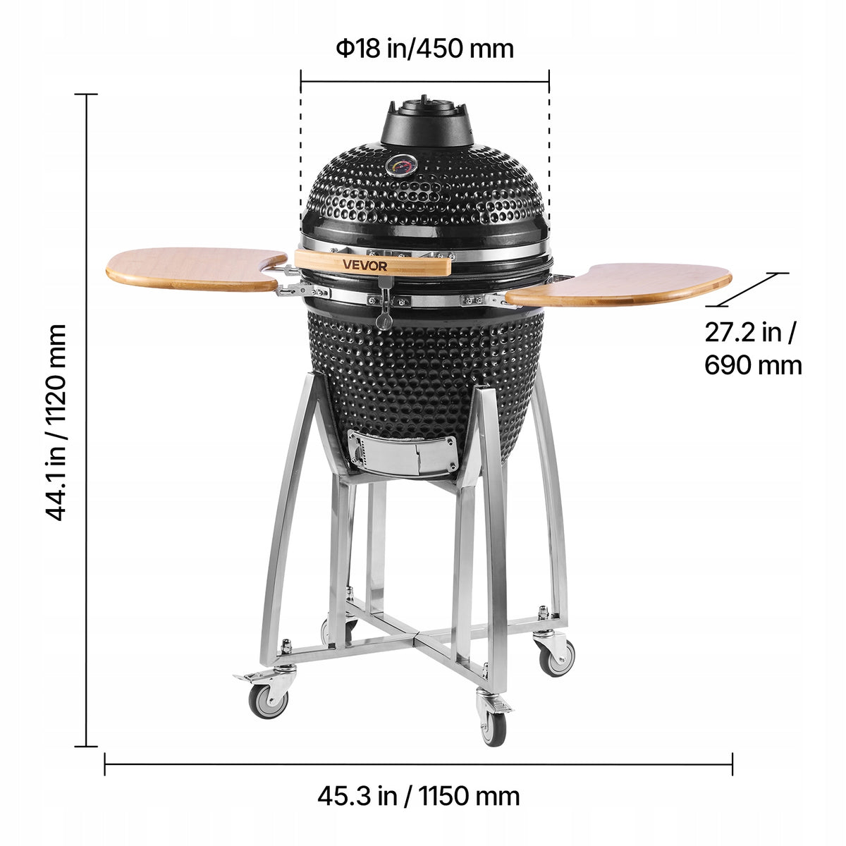 PROFESJONALNY GRILL CERAMICZNY VEVOR KAMADO 450 MM WĘDZARNIA Z DREWNIANYMI