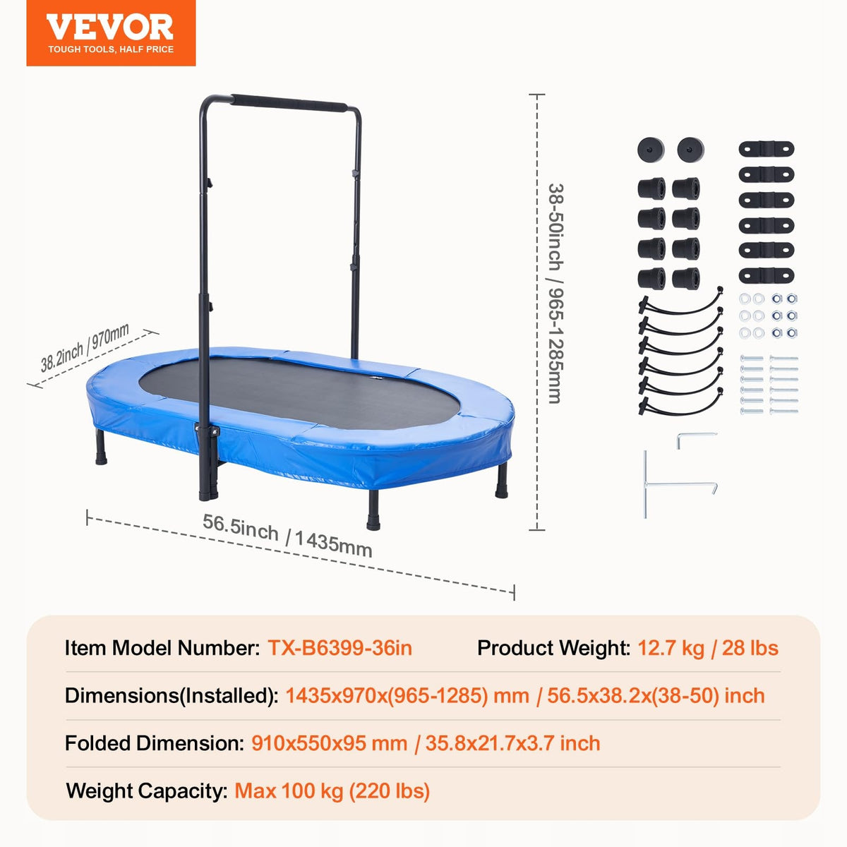 TRAMPOLINA DZIECIĘCA VEVOR SKŁADANA MINI NIEBIESKA DO DOMU I OGRODU 100KG