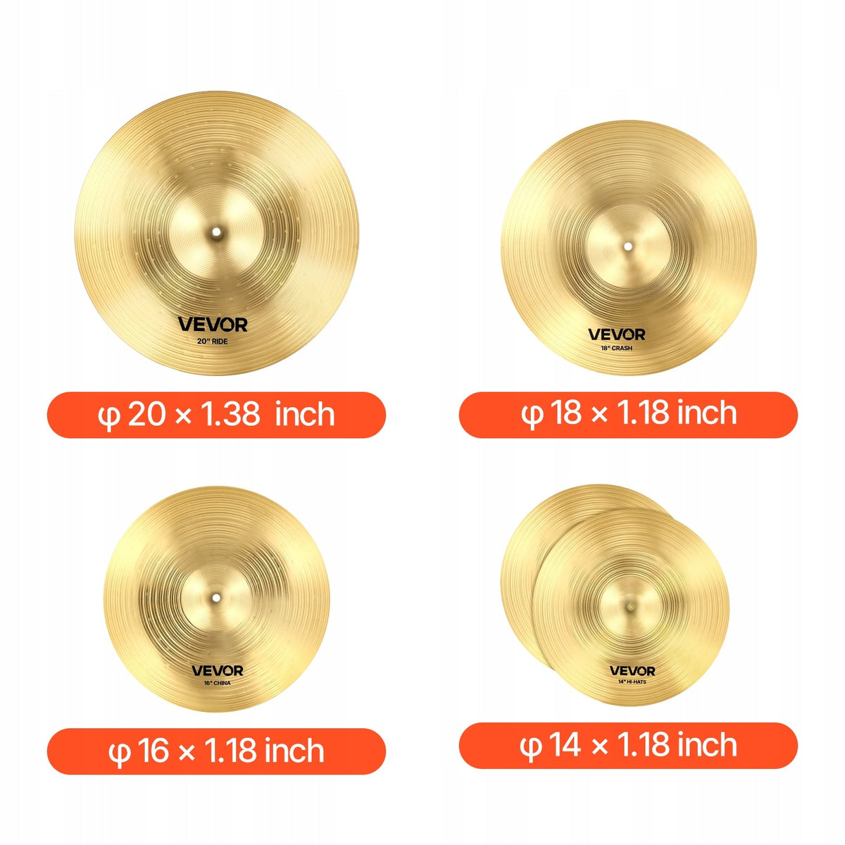 VEVOR ZESTAW TALERZY PERKUSYJNYCH 4-CZĘŚCIOWY 355 400 455 505 MM PREMIUM
