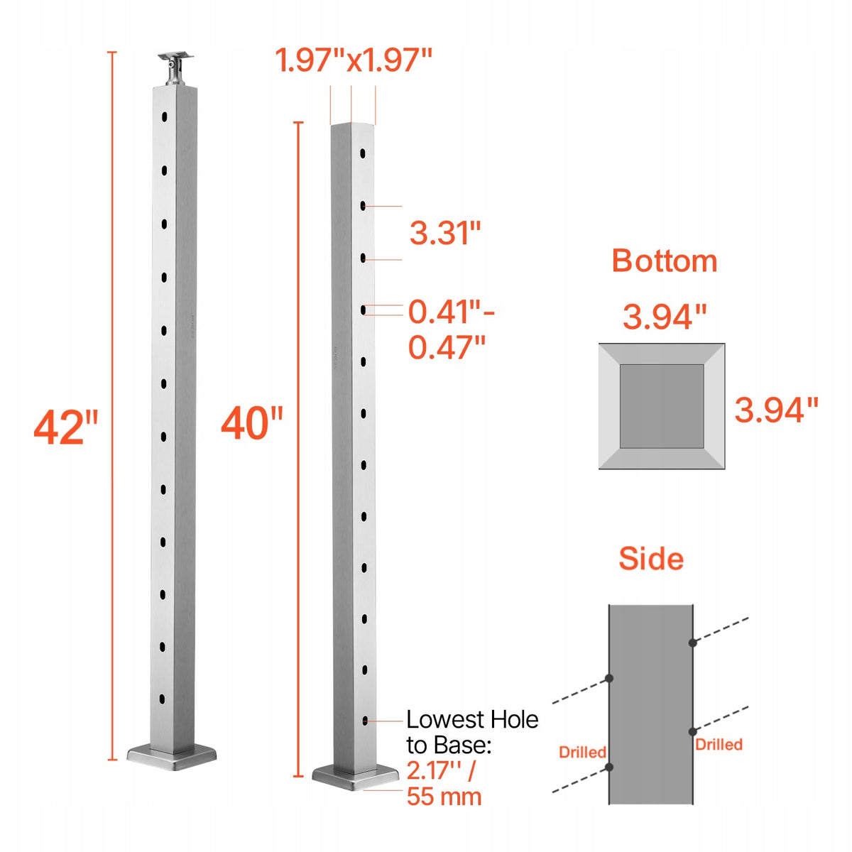SŁUPEK PORĘCZY KABLOWEJ VEVOR 107X5X5 CM STAL NIERDZEWNA SUS304 Z OTWORAMI
