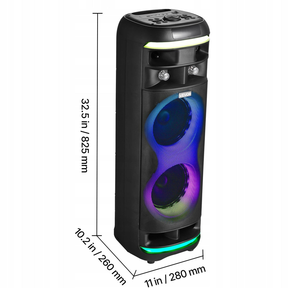 GŁOŚNIK PRZENOŚNY BLUETOOTH VEVOR 80W 20CM Z 2 MIKROFONAMI LED TWS 5.1