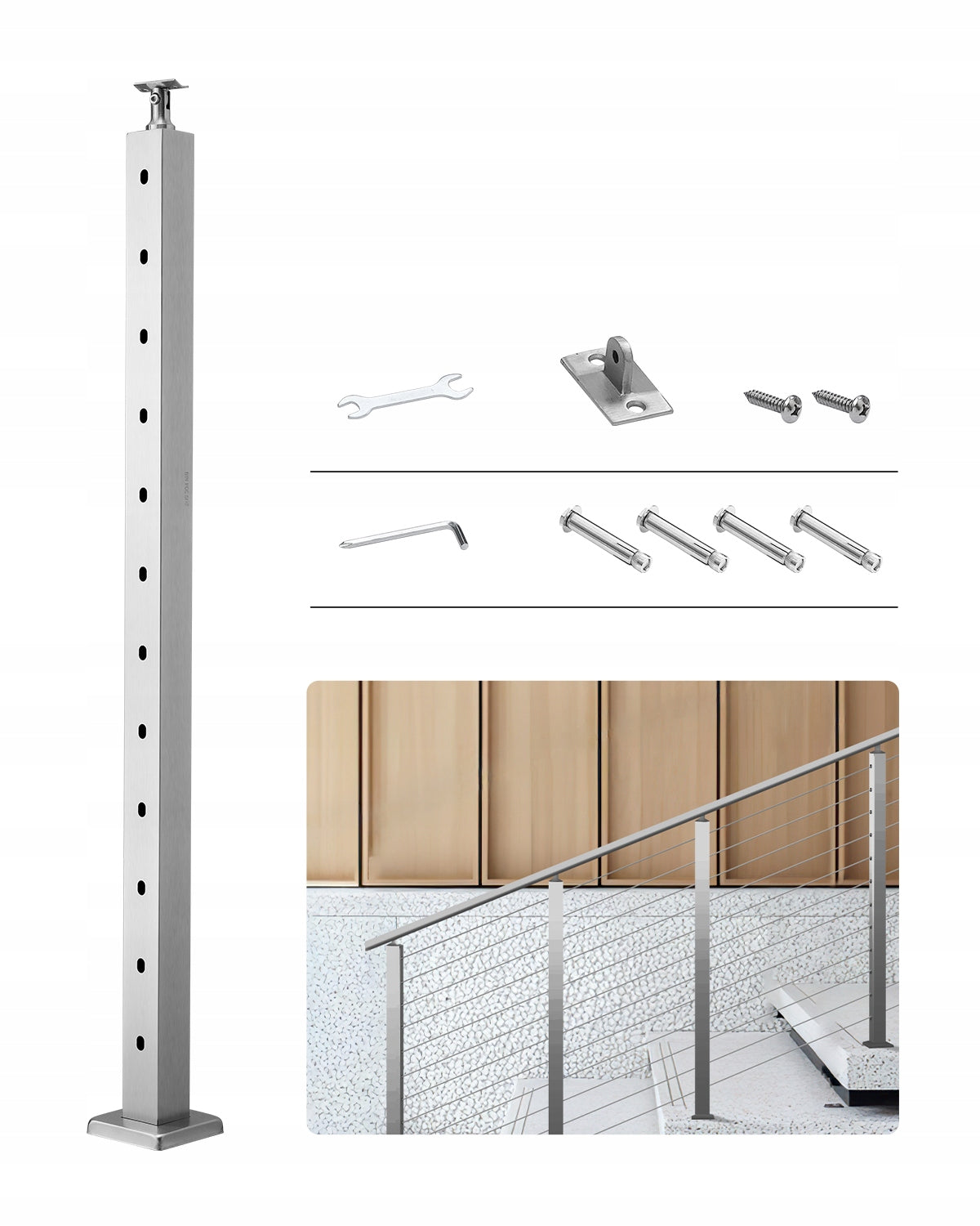 SŁUPEK PORĘCZY KABLOWEJ VEVOR 107X5X5 CM STAL NIERDZEWNA SUS304 Z OTWORAMI