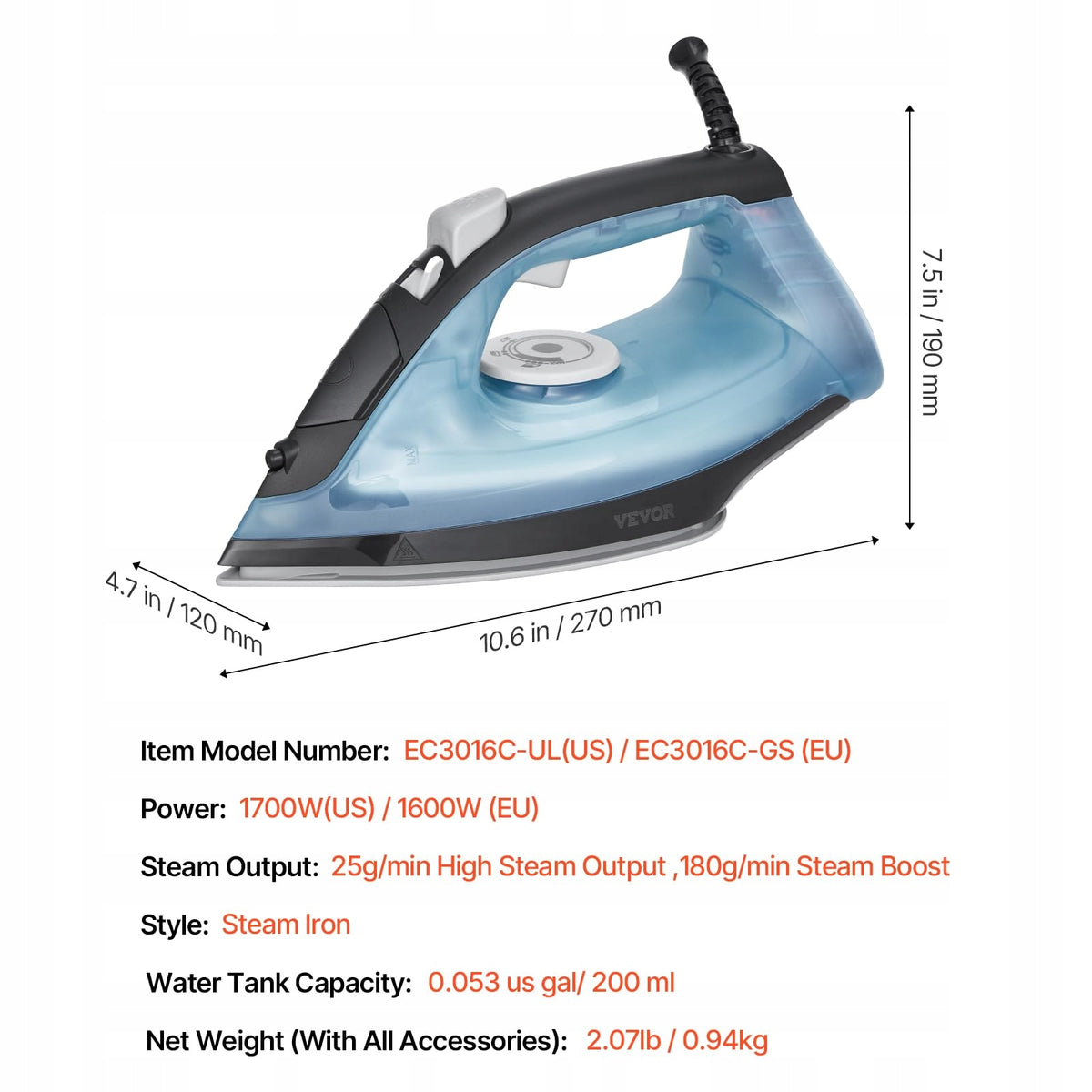 PROFESJONALNE ŻELAZKO PAROWE VEVOR 1600W STOP ALUMINIUM PTFE AUTOMATYCZNE