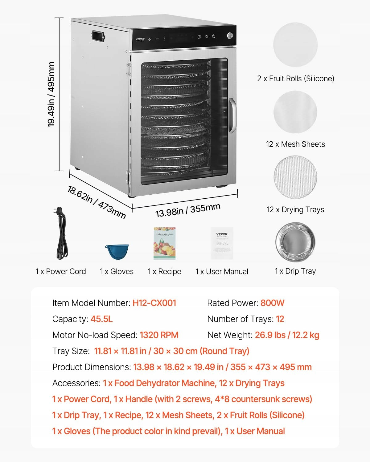 SUSZARKA DO ŻYWNOŚCI VEVOR 12 TAC STAL NIERDZEWNA 800W ELEKTRYCZNA PREMIUM