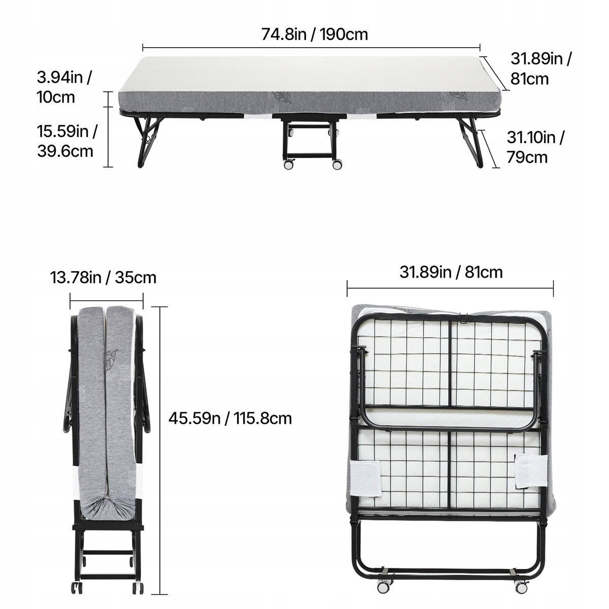 ŁÓŻKO DOSTAWNE VEVOR SKŁADANE Z MATERACEM PIANKOWYM 10 CM 810X1900 MM