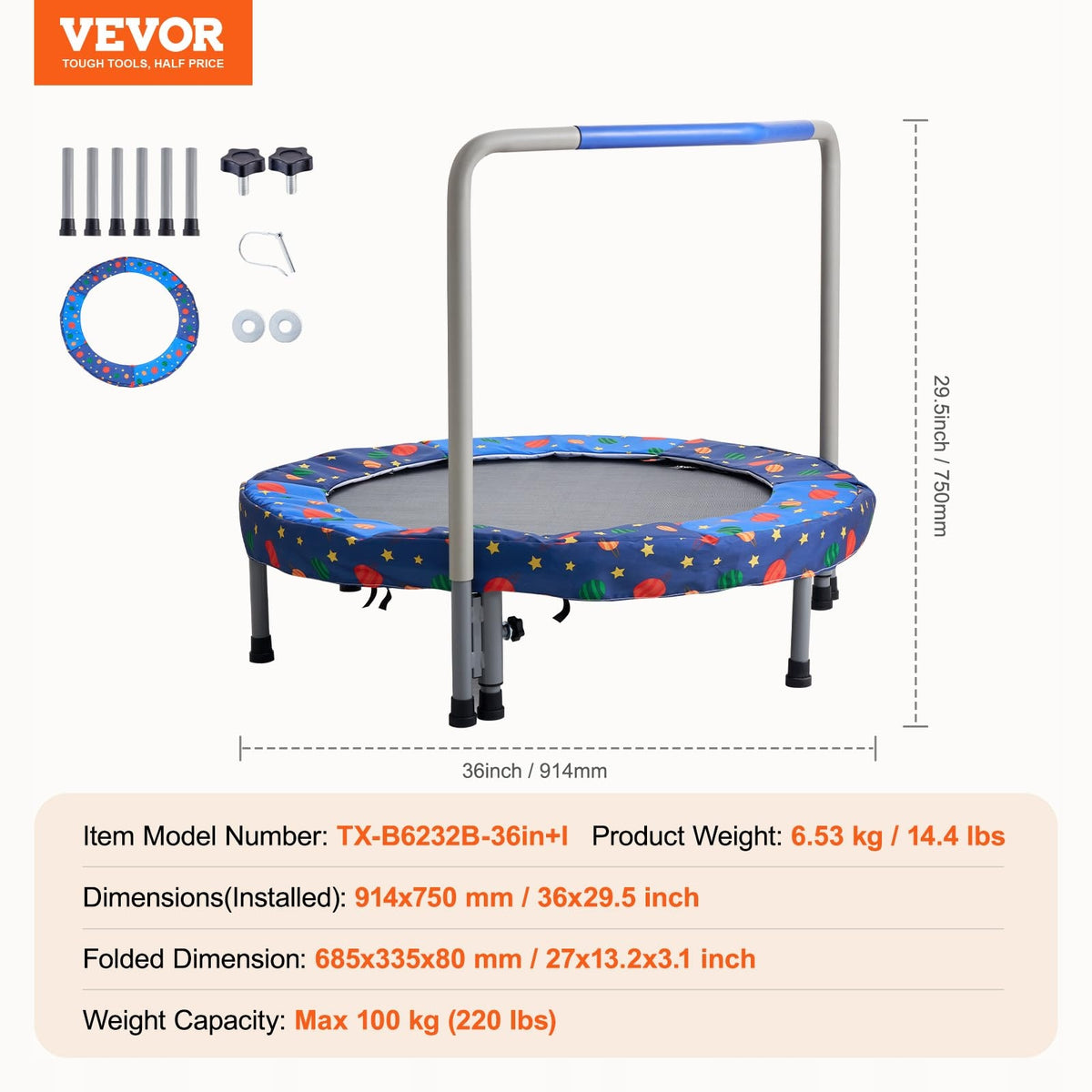 TRAMPOLINA DZIECIĘCA VEVOR 91 44 CM SKŁADANA NIEBIESKA MOCNA STALOWA RAMA