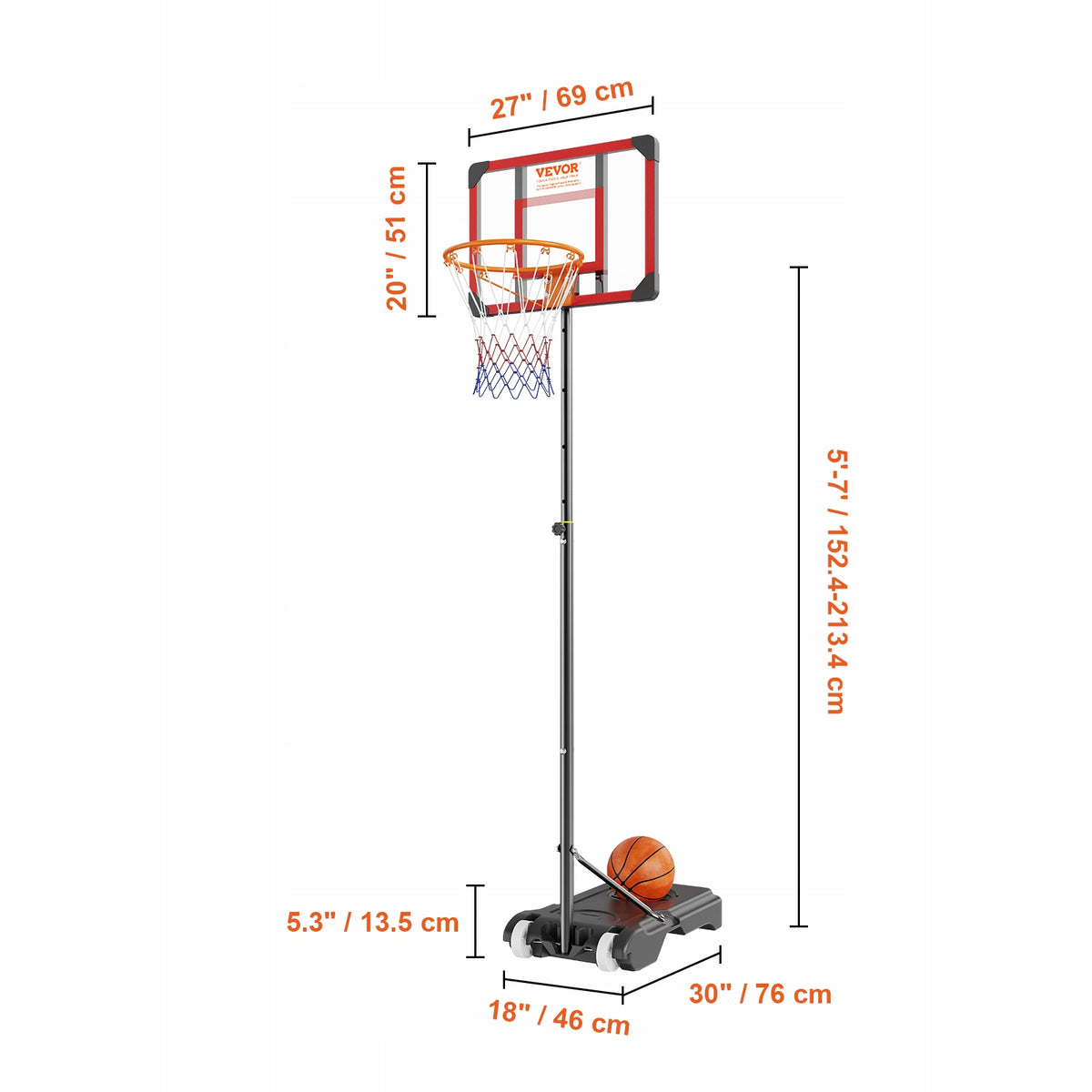 VEVOR STOJAK NA KOSZ DO KOSZYKÓWKI REGULOWANY 152.4-213.4 CM SOLIDNY NA
