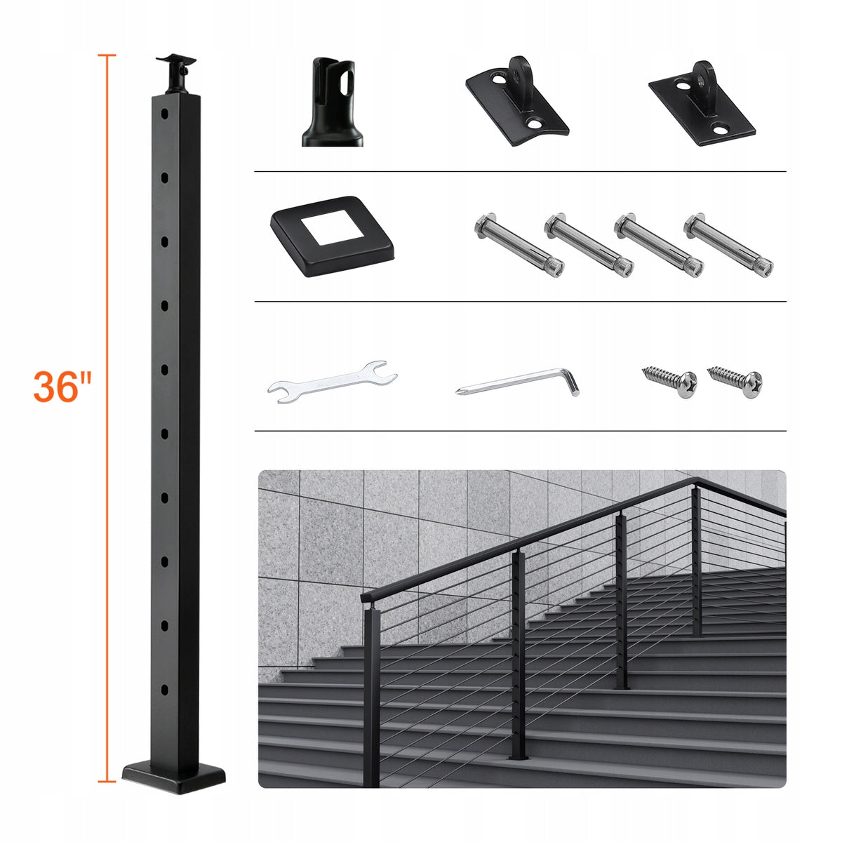 PROFESJONALNY SŁUPEK BALUSTRADY KABLOWEJ VEVOR 91 4X2 5X5 1CM STAL