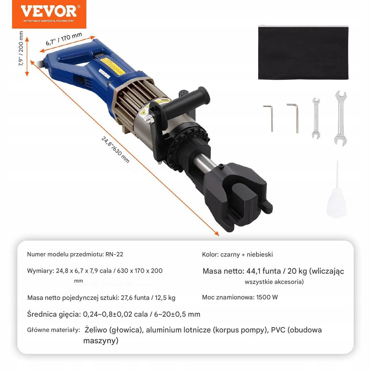 ELEKTRYCZNO-HYDRAULICZNA GIĘTARKA DO PRĘTÓW ZBROJENIOWYCH VEVOR 1500W