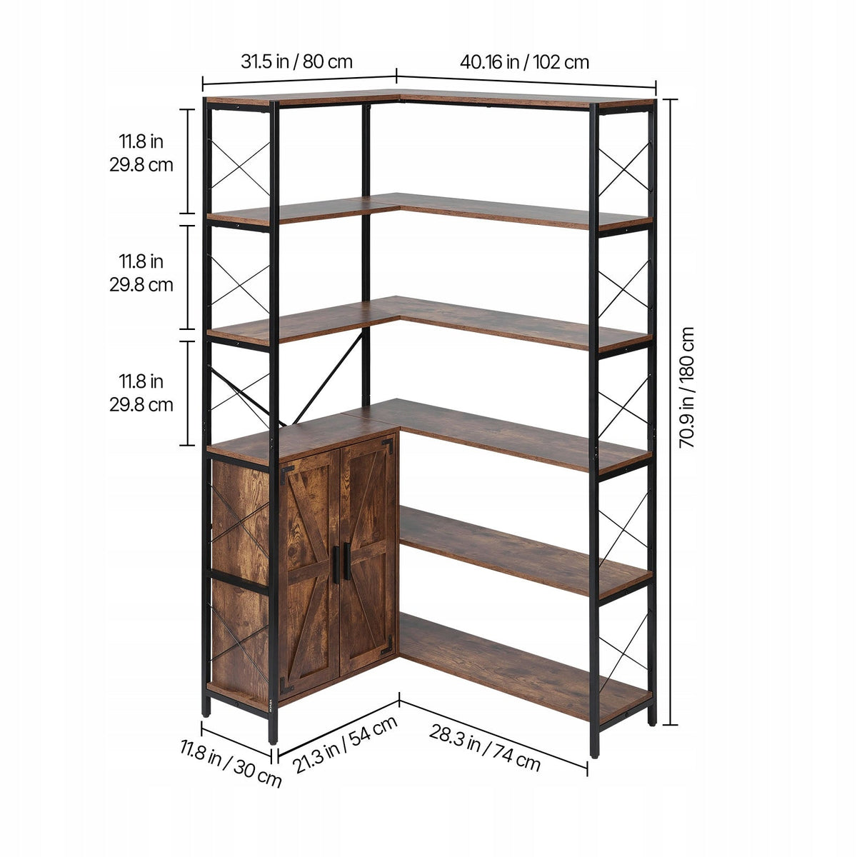 SOLIDNA PÓŁKA NAROŻNA VEVOR 6-POZIOMOWA Z DRZWIAMI METAL I MDF 180 CM