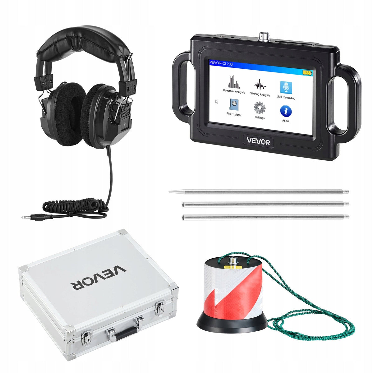 PROFESJONALNY DETEKTOR WYCIEKÓW WODY VEVOR 1HZ-5000HZ 7 CALI LCD 2M