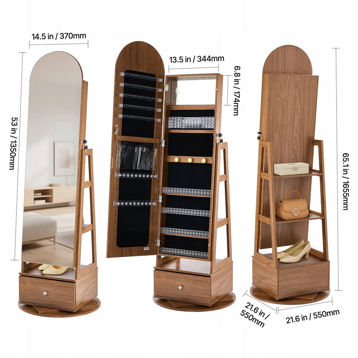 VEVOR OBROTOWA SZAFKA NA BIŻUTERIĘ 360 Z LUSTREM 1655 MM PREMIUM ORGANIZER