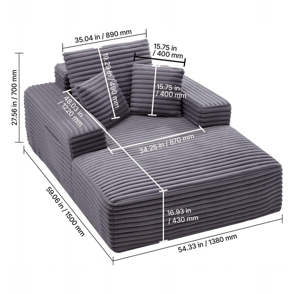 VEVOR LEŻANKA RELAKSACYJNA 138 CM TAPICEROWANA SOFA Z FUNKCJĄ SPANIA SZARA