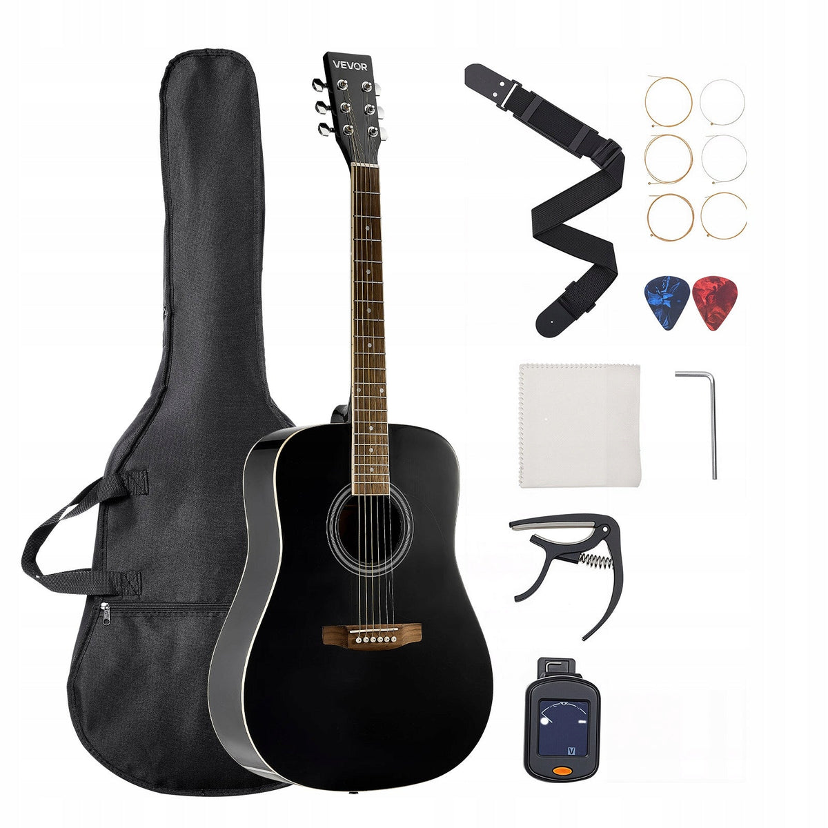 VEVOR GITARA AKUSTYCZNA DREADNOUGHT 41 IN ZESTAW DLA POCZĄTKUJĄCYCH CZARNA