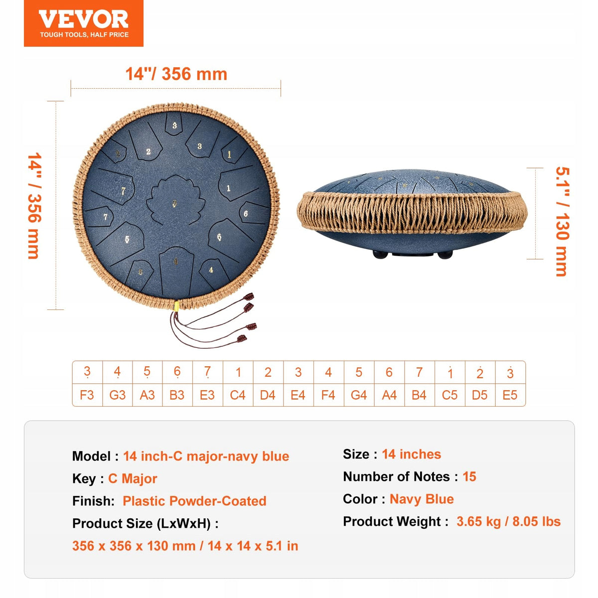 VEVOR STALOWY BĘBEN JĘZYKOWY 356MM 15 NUT C MAJOR Z MŁOTKAMI I TORBĄ